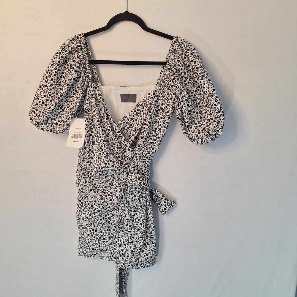 Hudson Gray Milkmaid Wrap Mini Dress Black Floral Cottagecore Ultra Feminine New